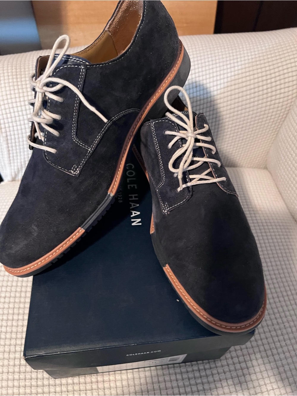 Cole Haan Navy Blue Suede Derby Shoes with Tan Welt